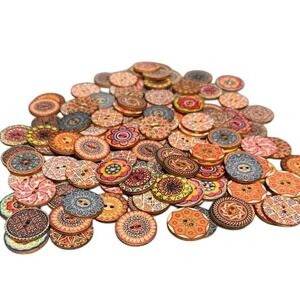 130 Assorted Round Vibrant Wood Buttons Boho Mandala Patterns Crafting Sewing